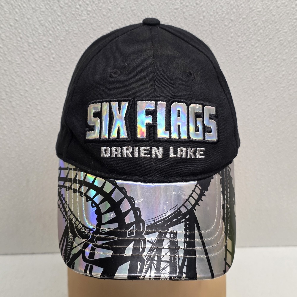 Vintage Y2K Six Flags Darien Lake Iridescent Holographic Brim Black Hat